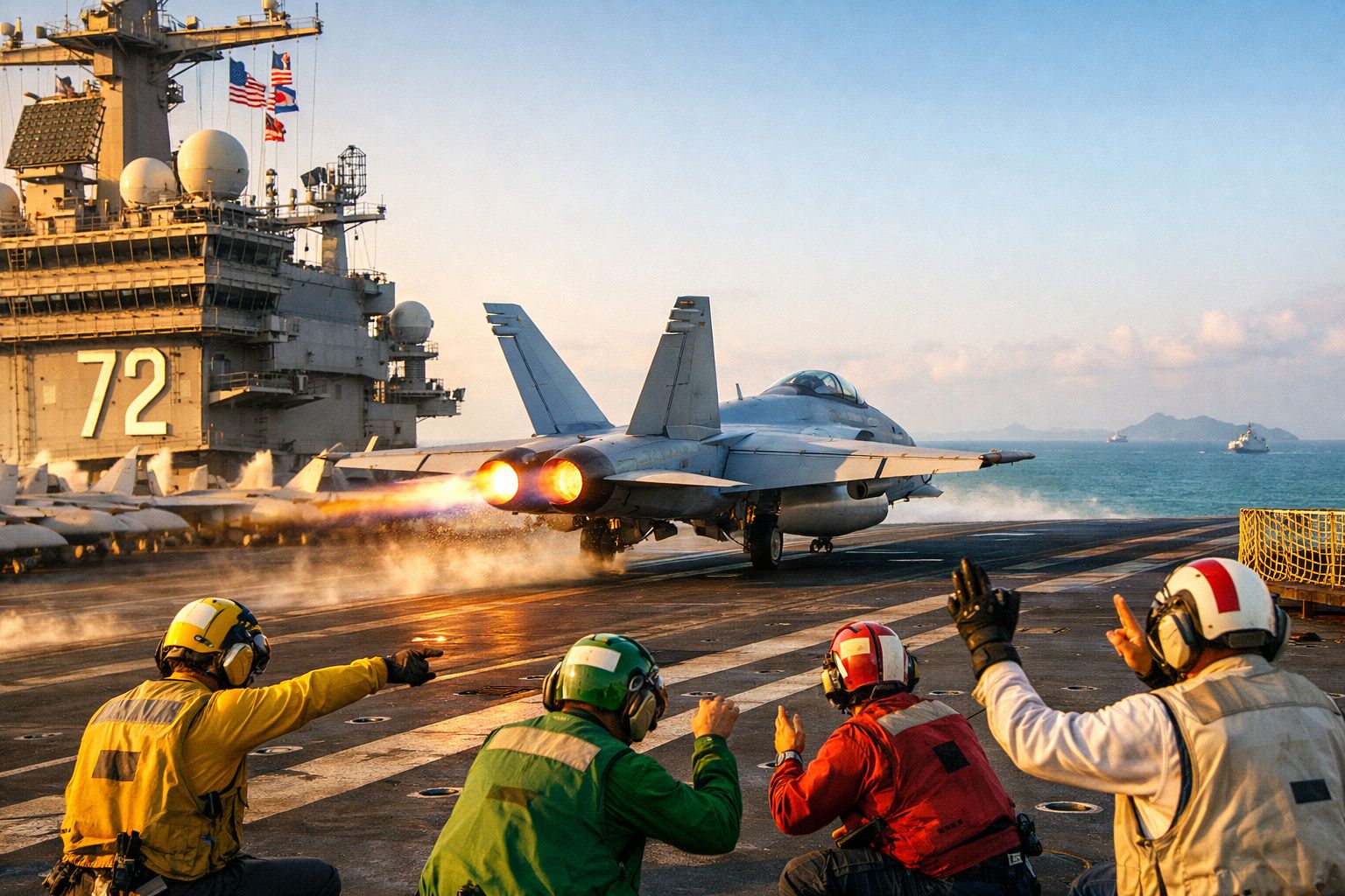 Caça militar descola da pista de porta-aviões com tripulação a sinalizar o voo.