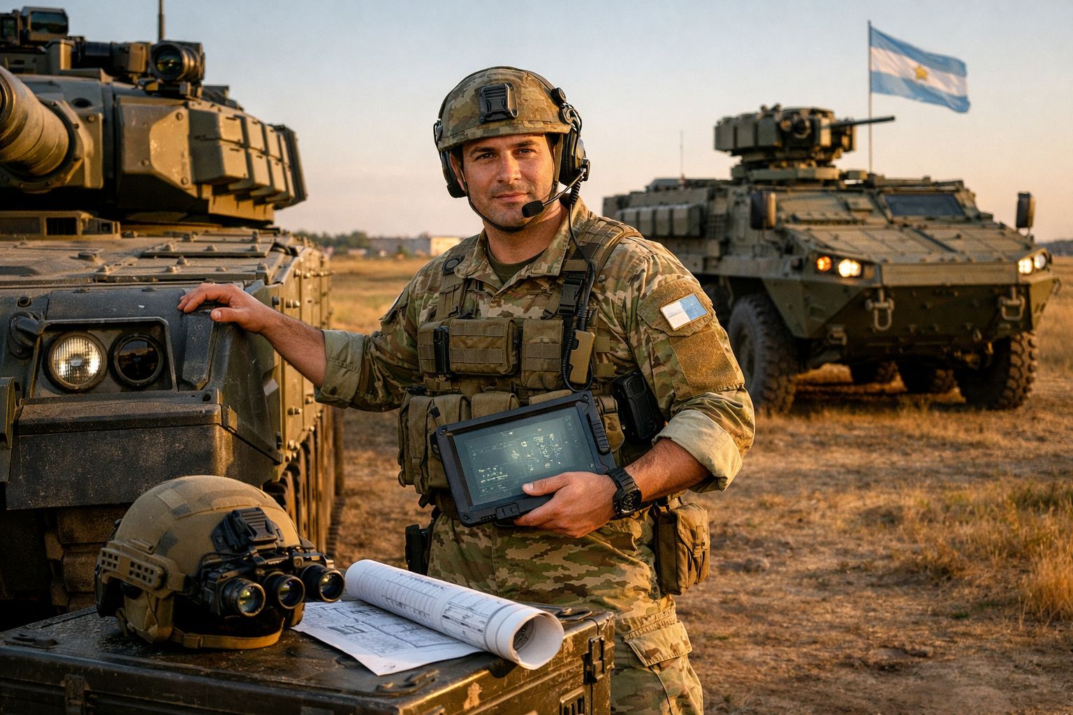 Soldado com farda camuflada, capacete e tablet em campo com veículos militares ao fundo.
