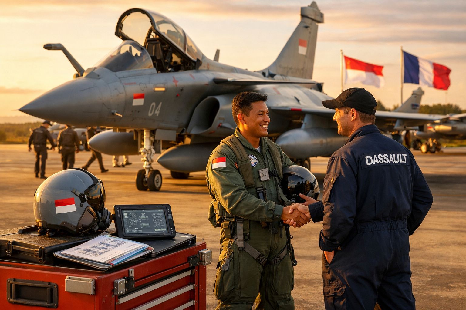 Dois militares cumprimentam-se junto a um caça militar na pista de um aeroporto ao pôr-do-sol.