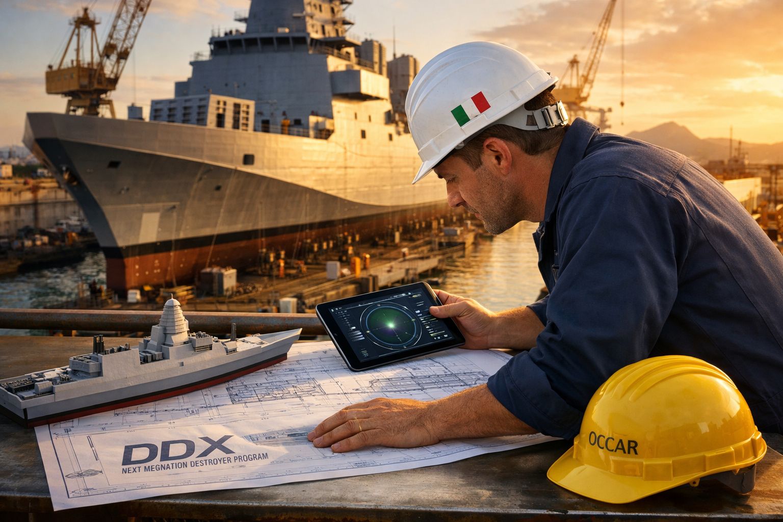Engenheiro naval com capacete branco analisa planta de navio e radar num estaleiro ao pôr do sol.