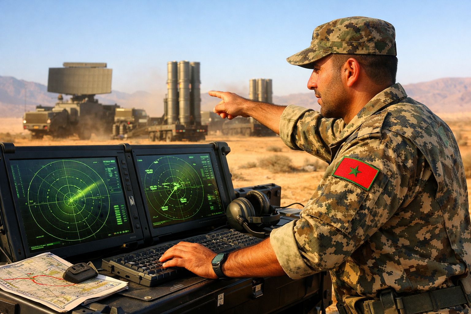 Soldado marroquino em uniforme camuflado opera radar num deserto com equipamento militar ao fundo.
