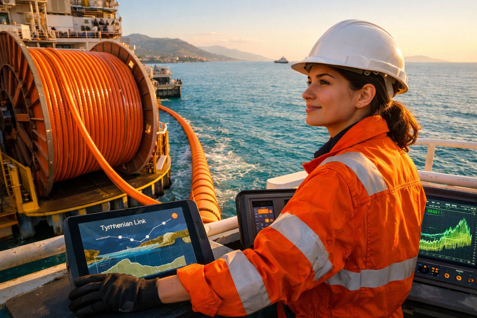 Engenheira com capacete e fato de trabalho laranja controla equipamento num navio junto ao mar ao entardecer.