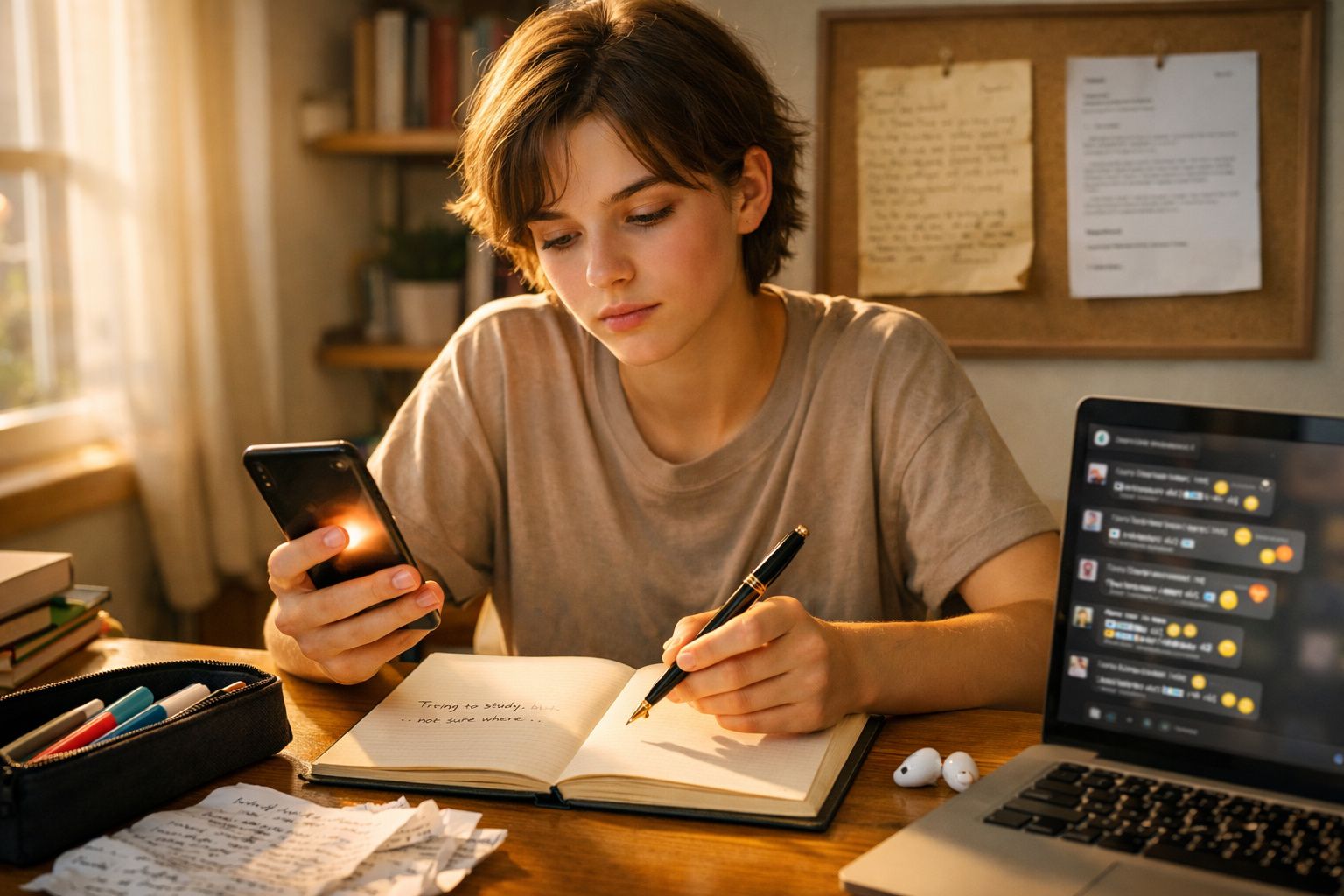 Jovem a estudar numa mesa com caderno aberto, telefone na mão e computador portátil com mensagens.