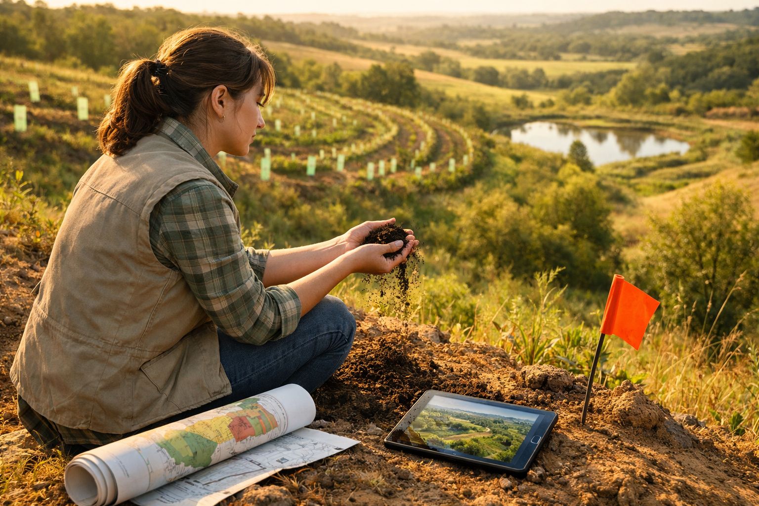 Mulher analisa terra num campo agrícola com mapas e tablet ao lado, ao pôr do sol.