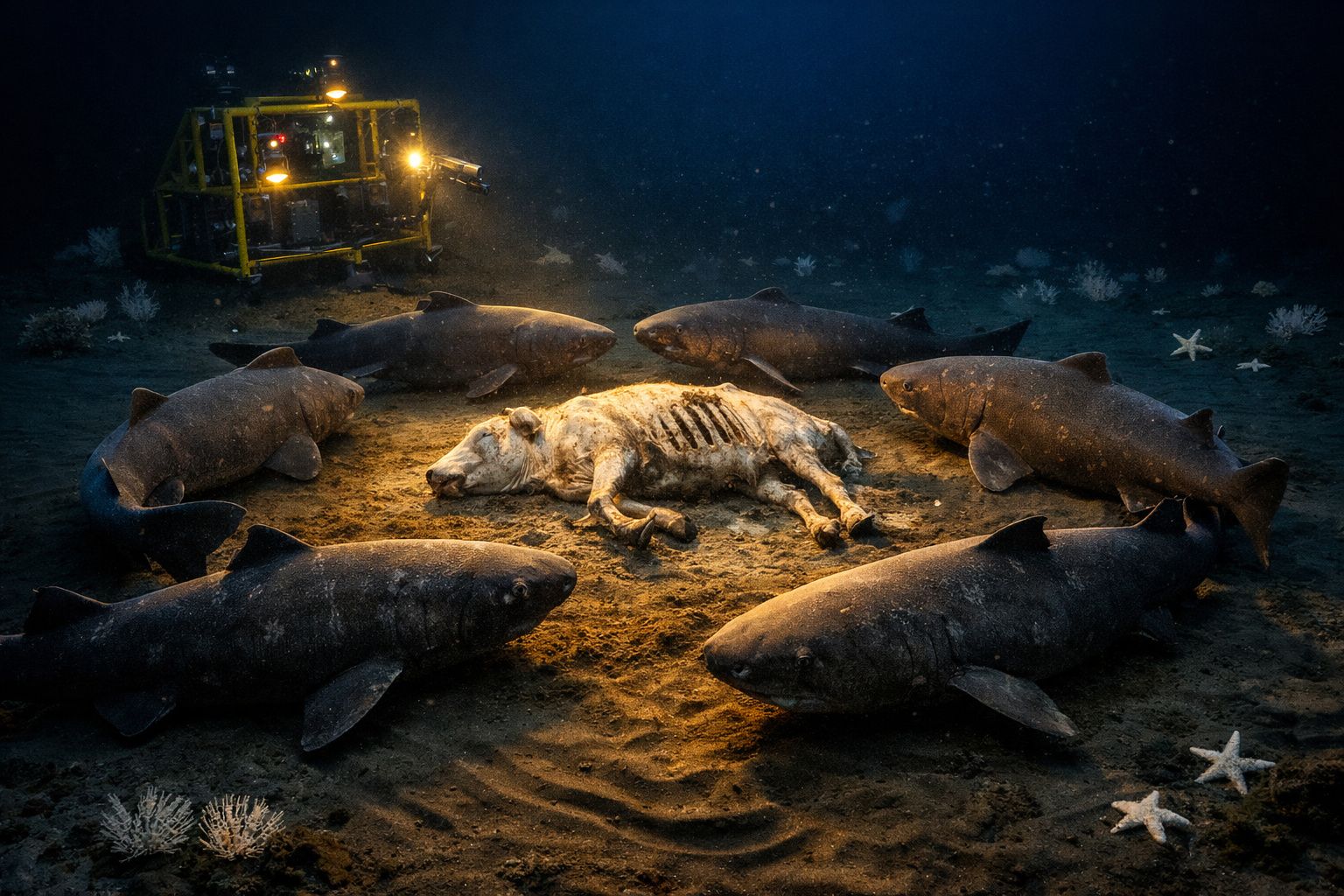 Robo subaquático ilumina carcaça de vaca no fundo do mar cercada por seis tubarões a circundar.