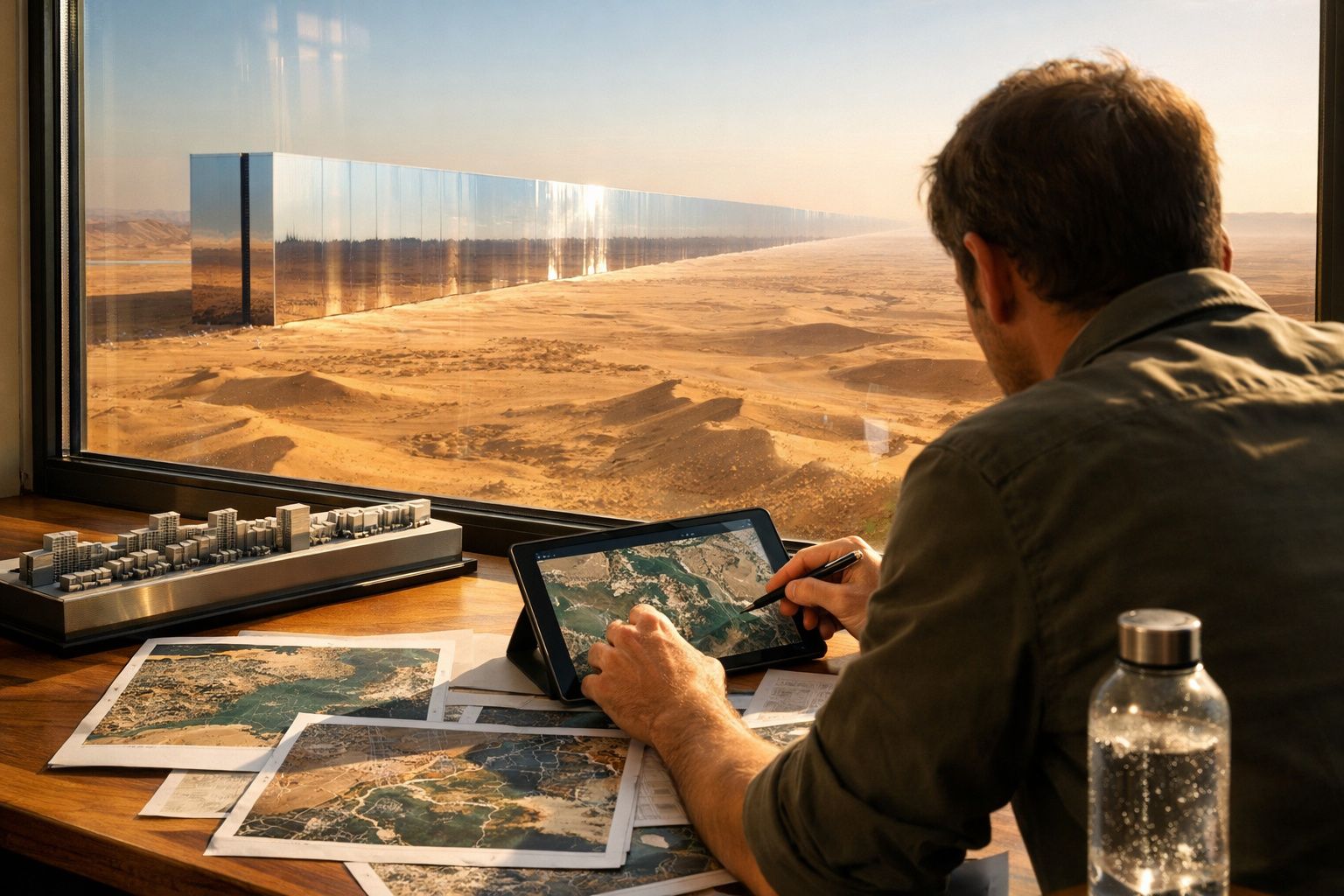 Homem analisa mapas numa mesa junto a janela com vista para um grande monólito espelhado no deserto.