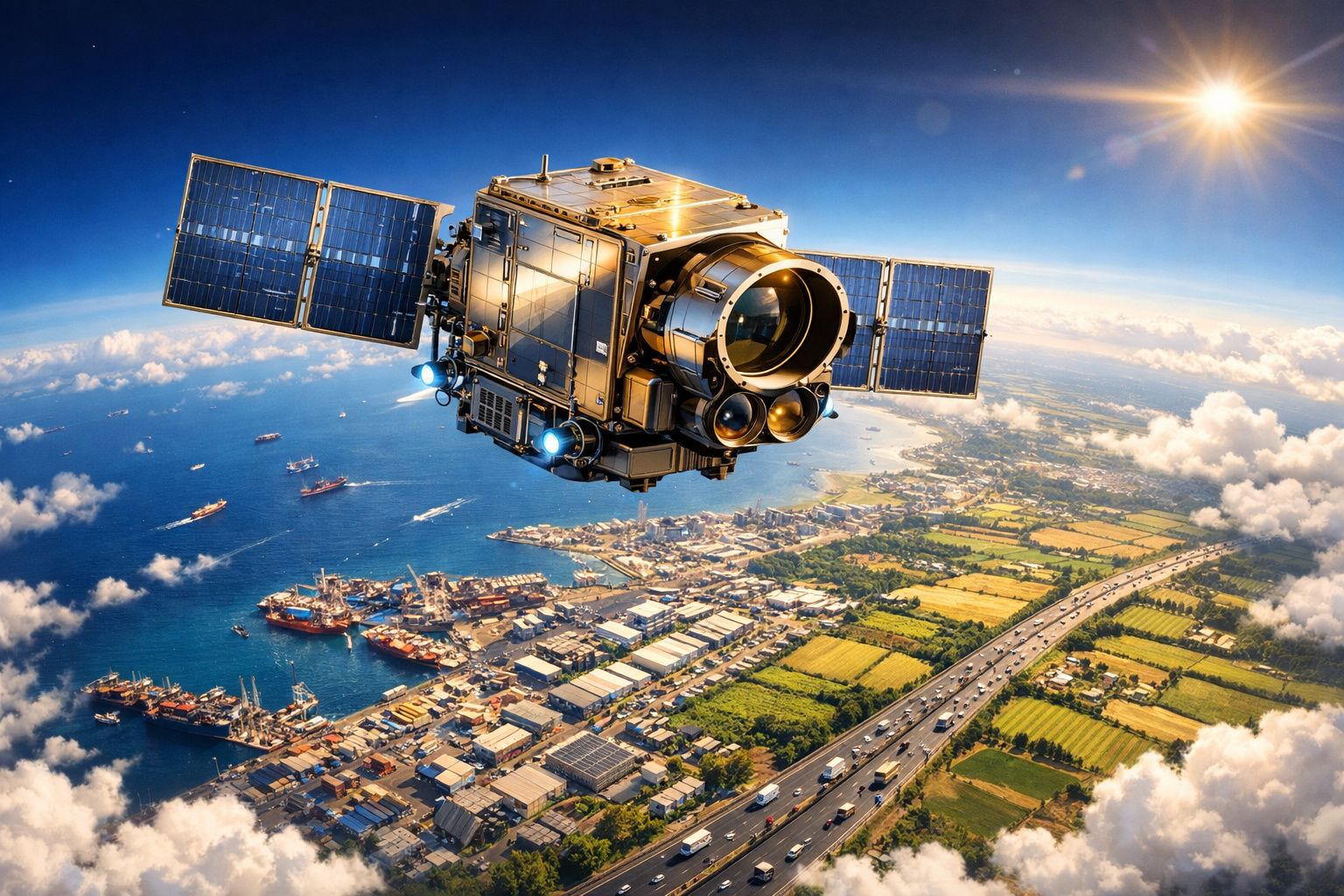 Satélite espacial com painéis solares em órbita acima de uma cidade costeira com porto e estrada movimentada.