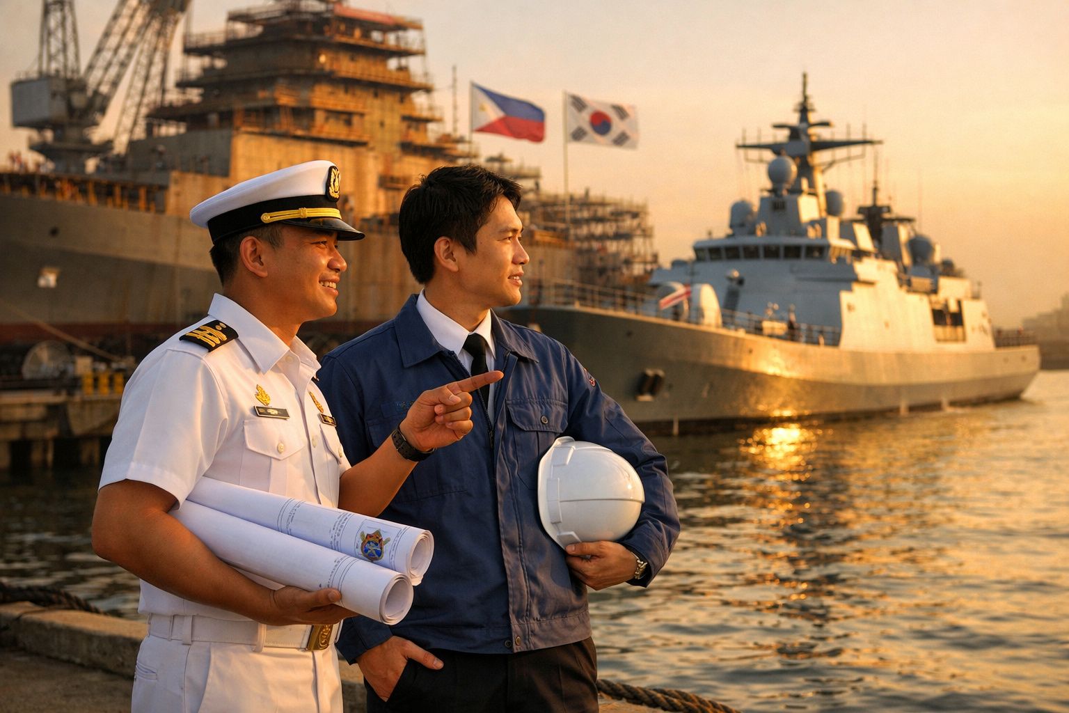 Dois homens, um comandante naval e outro engenheiro, observam um navio militar ancorado ao entardecer.