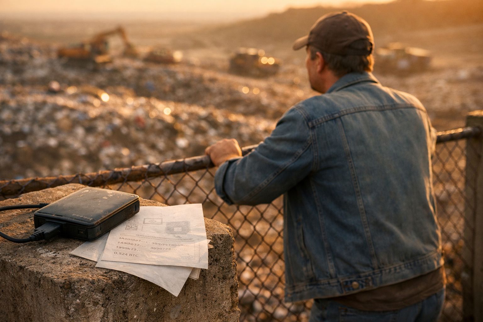 Homem de casaco jeans apoia-se numa vedação, com disco rígido e papéis ao lado, em ambiente exterior ao pôr do sol.