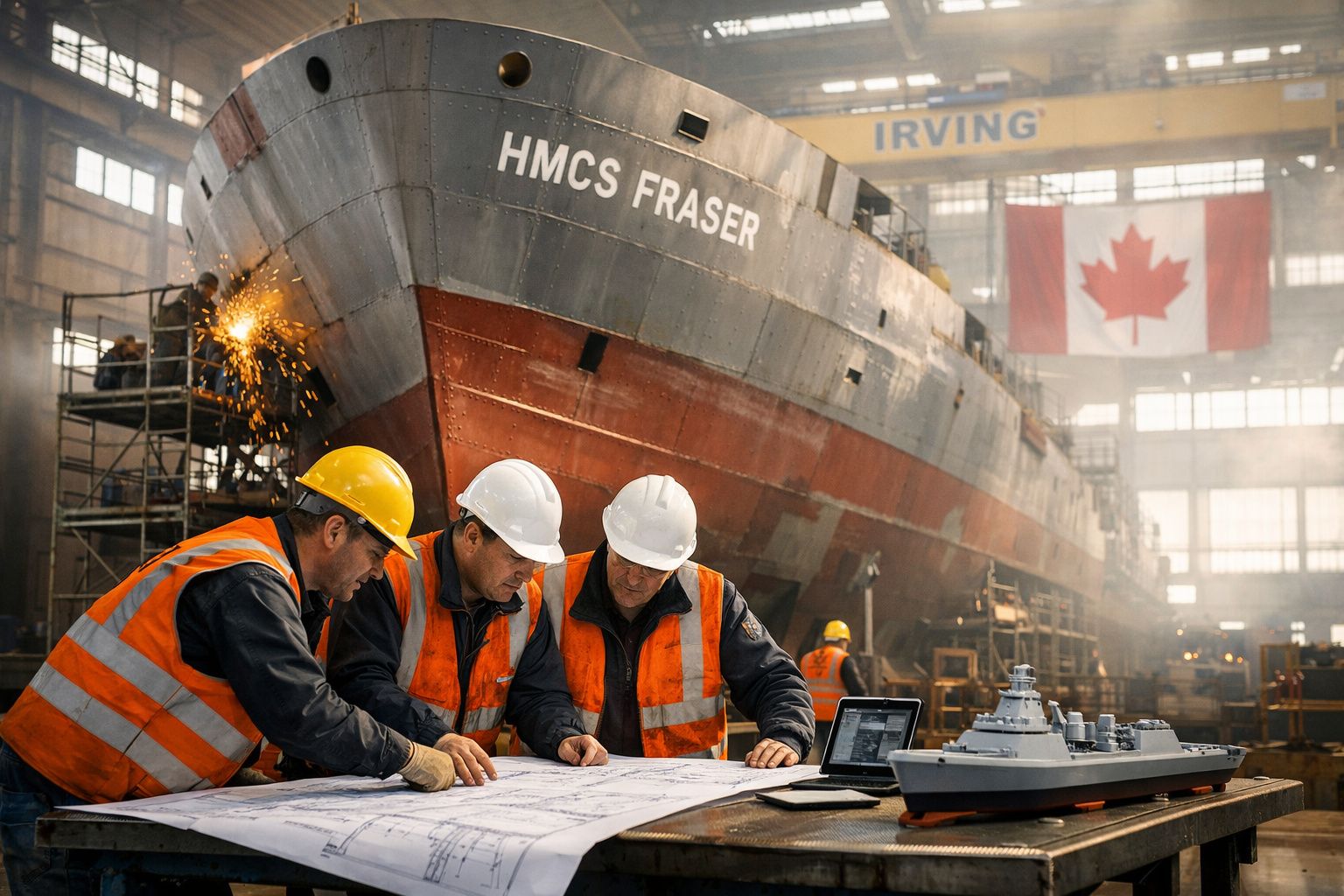 Três trabalhadores com capacetes e coletes refletores analisam plantas perto do navio HMCS Fraser em estaleiro.