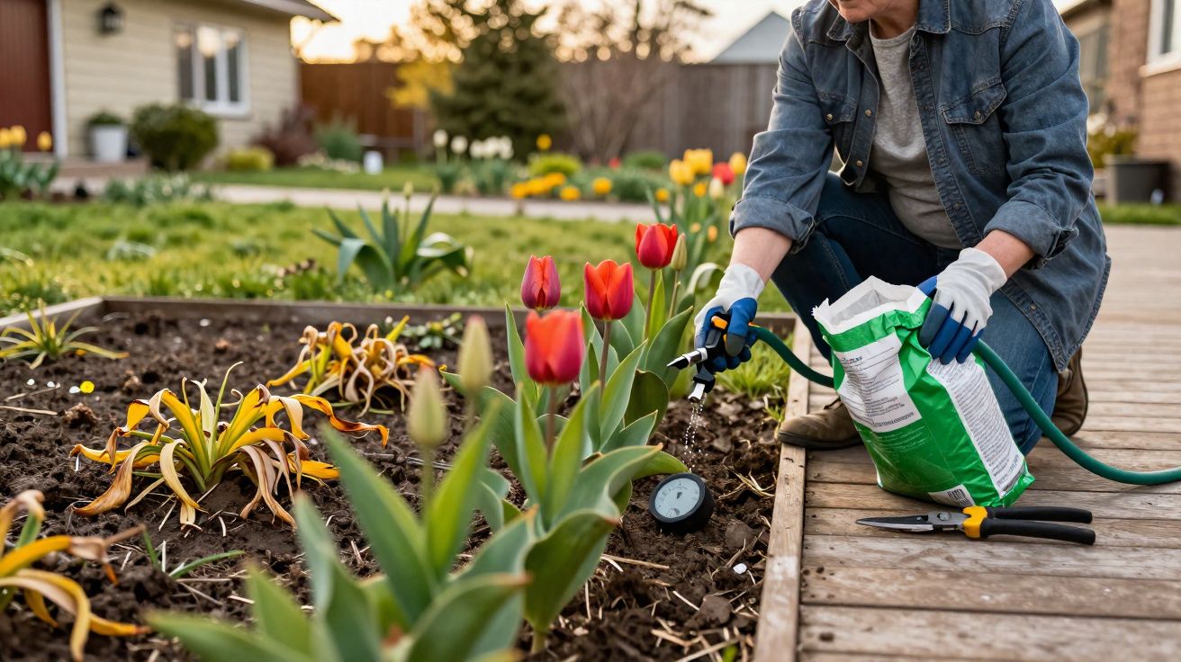 Pessoa rega flores vermelhas no jardim junto a um saco verde de fertilizante e tesoura.