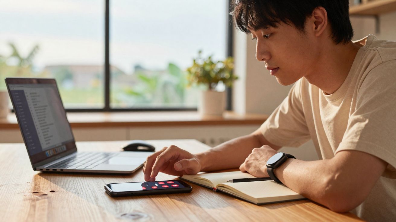 Homem sentado a trabalhar com portátil, telemóvel e caderno numa mesa de madeira junto à janela.