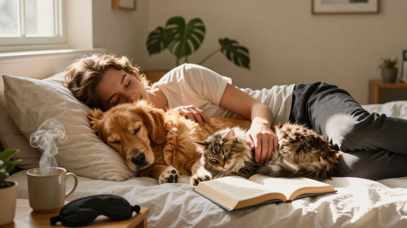Pessoa deitada na cama abraçada a um cão e um gato ao lado de um livro aberto e chá quente a fumegar.