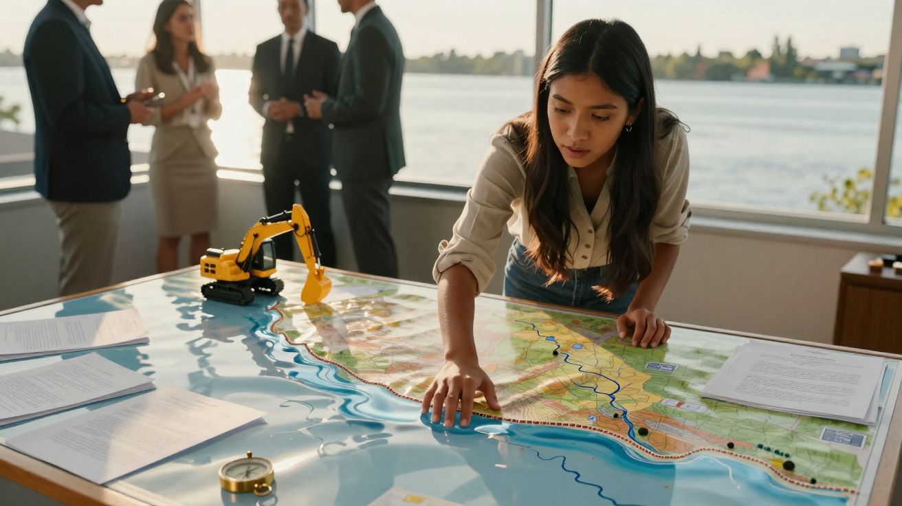 Mulher analisa maquete urbana com mini escavadora e mapa, com grupo de pessoas em fundo desfocado.