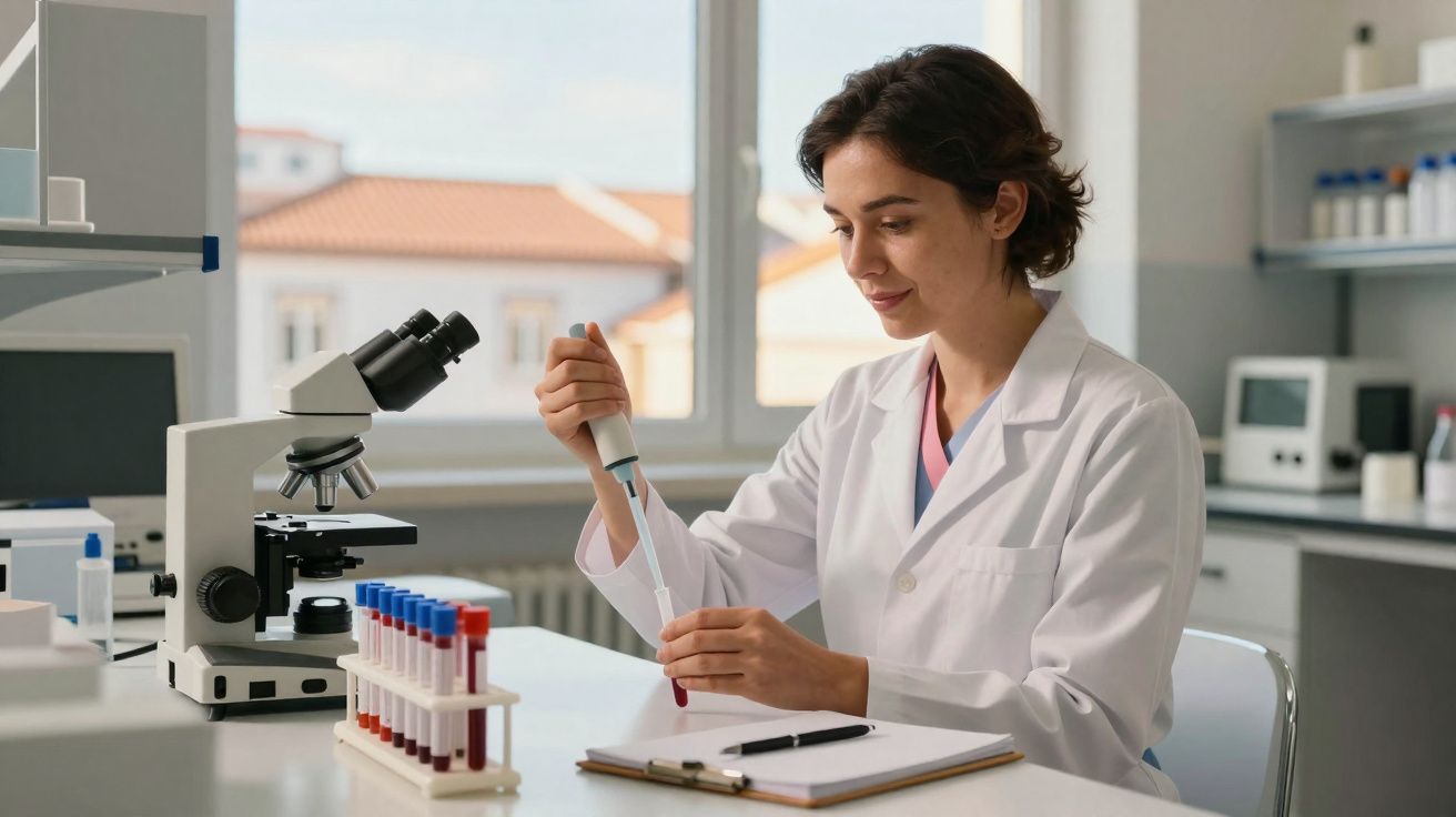 Mulher cientista a manusear pipeta em laboratório com tubos de ensaio e microscópio ao lado.