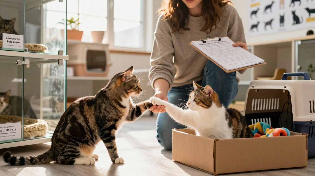Mulher com prancheta a observar dois gatos a tocar as patas numa clínica veterinária.