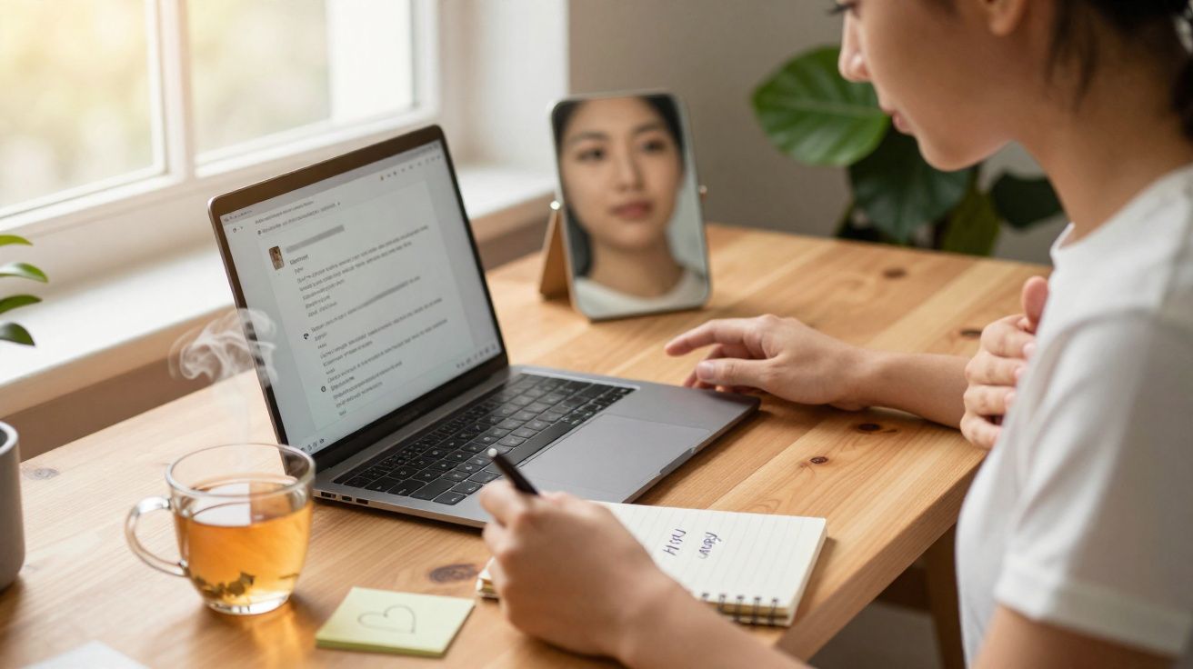 Pessoa a escrever num bloco de notas junto a computador portátil e chá quente numa mesa de madeira.