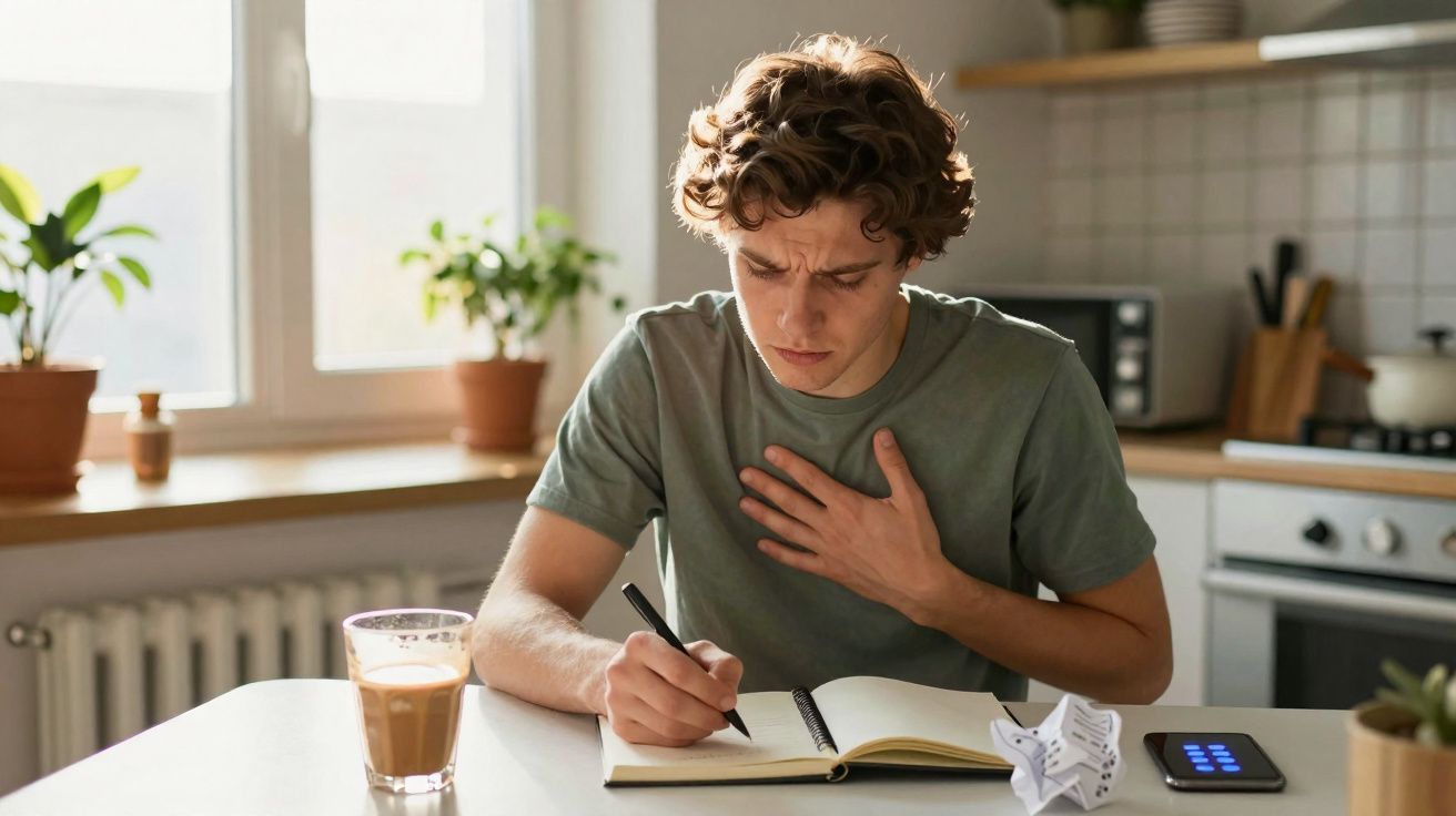 Jovem sentado numa cozinha com uma mão no peito e a escrever num caderno, ao lado um telemóvel e uma bebida.
