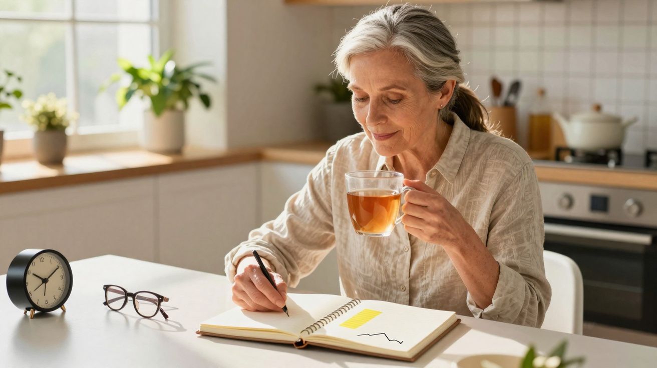 Mulher idosa a beber chá enquanto escreve num caderno, sentada numa cozinha luminosa.