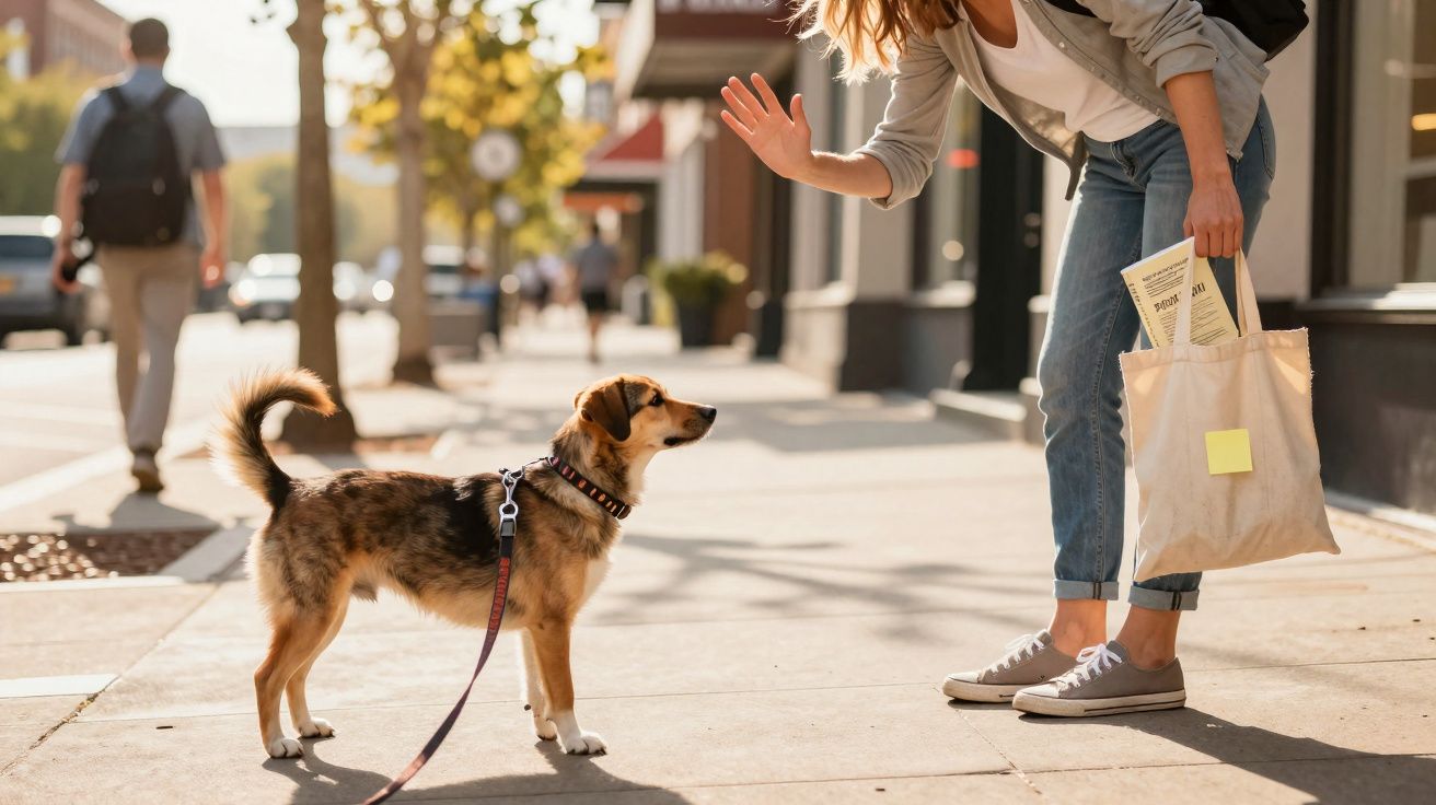 Mulher a cumprimentar um cão de porte médio na rua, com bolsa e jornal na mão num dia ensolarado.