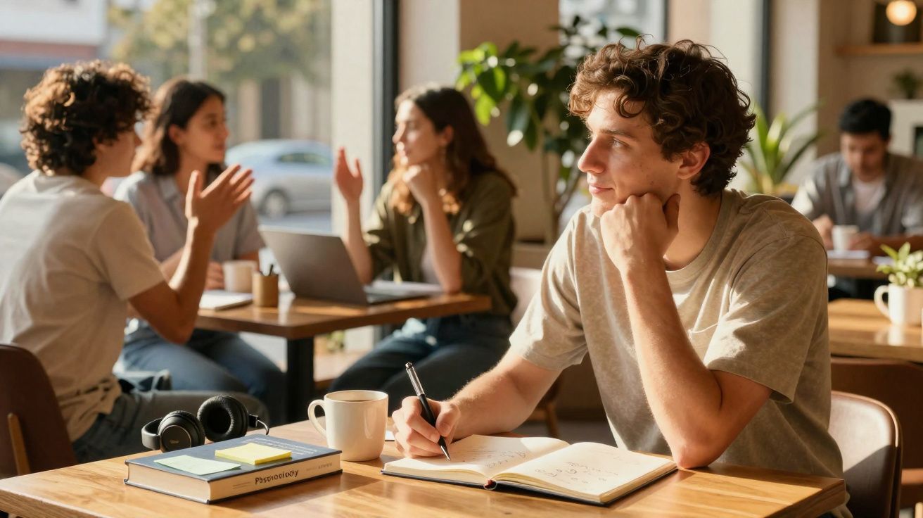 Jovem estudante num café a escrever num caderno, com livros e chá, enquanto outras pessoas conversam ao fundo.