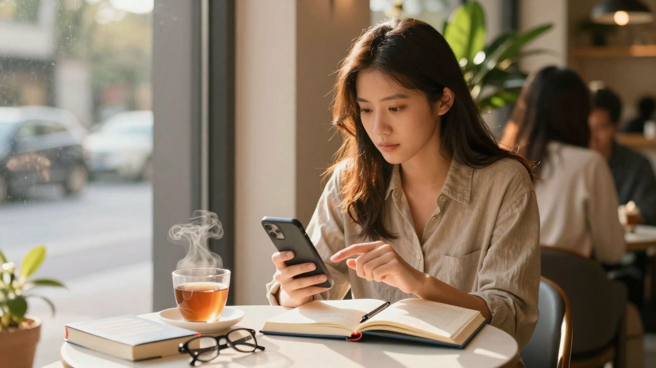 Mulher a ler e usar telemóvel numa mesa com chá quente, livro e óculos numa cafeteria iluminada natural.
