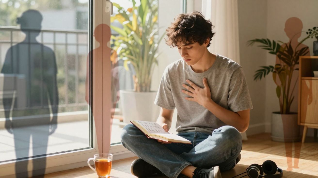 Jovem sentado no chão a ler um livro, com copo de chá e auscultadores ao lado, expressão contemplativa.