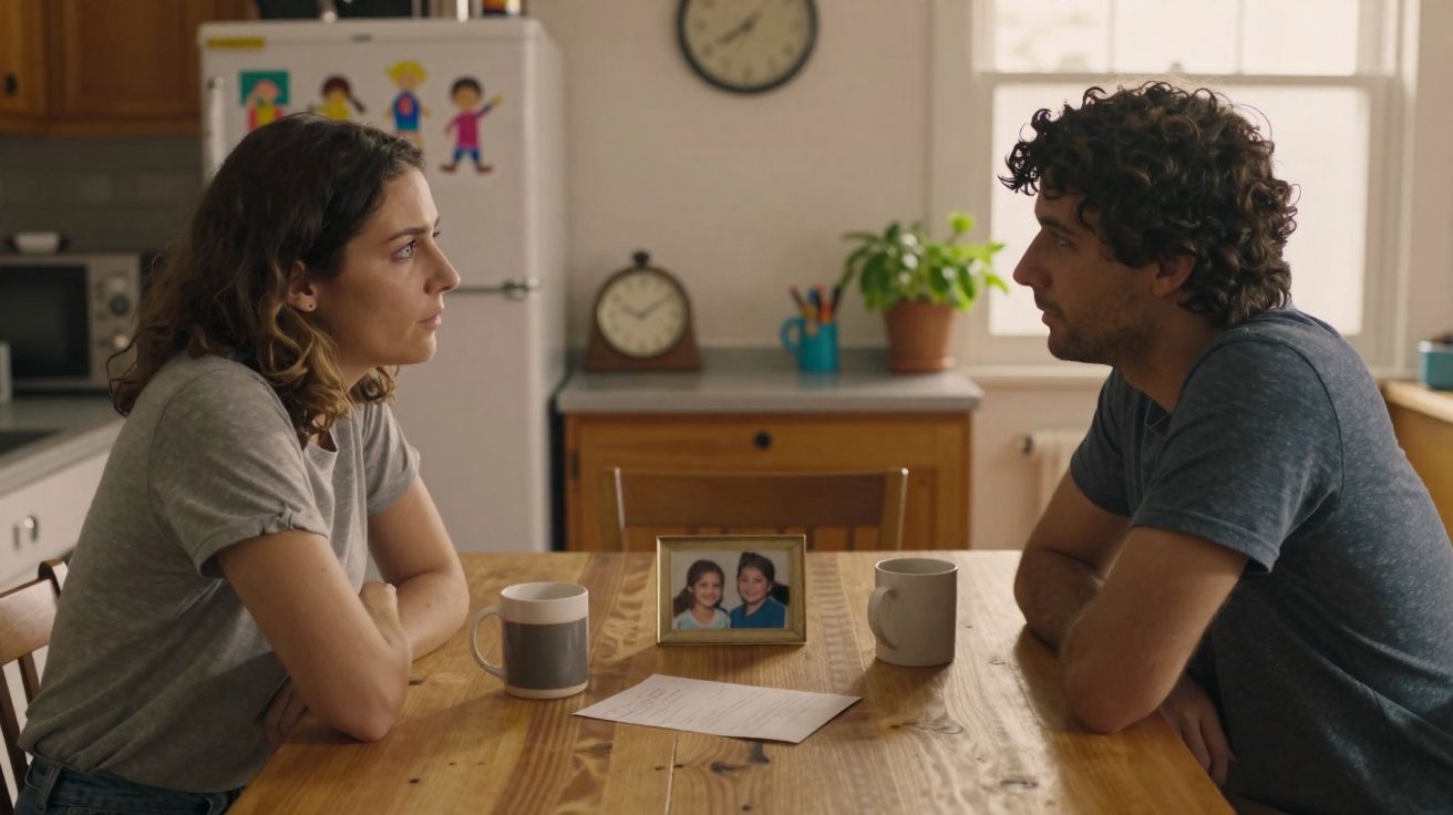Homem e mulher sentados frente a frente à mesa da cozinha, com foto de crianças e carta entre eles.