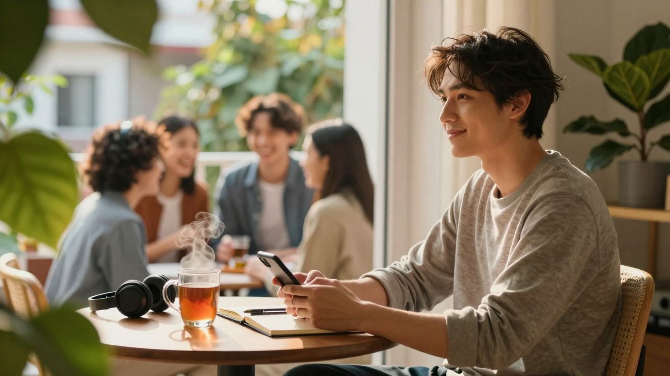 Jovem sentado numa mesa a segurar telemóvel, com chá quente e auscultadores, grupo de amigos sorrindo ao fundo.