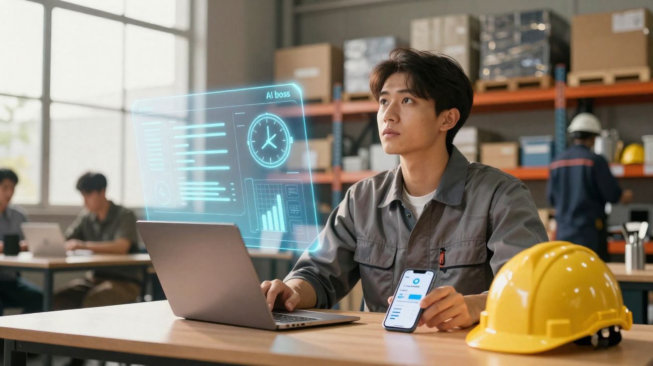 Jovem com macacão cinza a trabalhar em computador portátil com gráficos digitais, capacete amarelo na mesa.