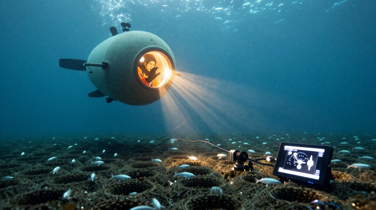 Submarino esférico iluminado, pessoa dentro a acenar, sobre fundo marinho com dispositivos e ecrã de controlo.