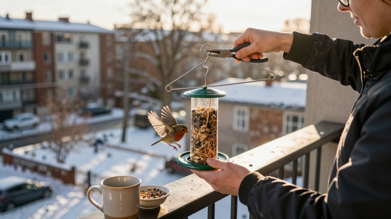 Pessoa alimenta um pássaro com sementes num alimentador pendurado numa varanda com neve.