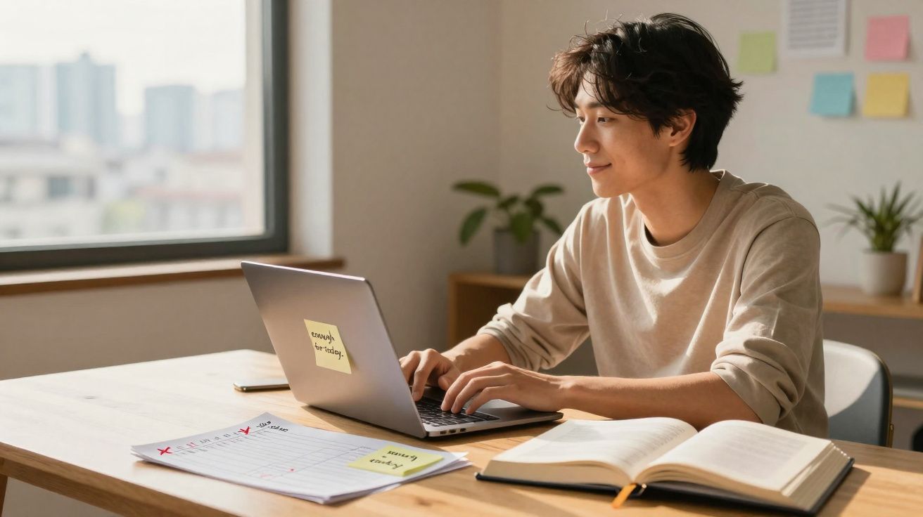 Jovem a sorrir enquanto trabalha num computador portátil numa mesa com livros e papéis.