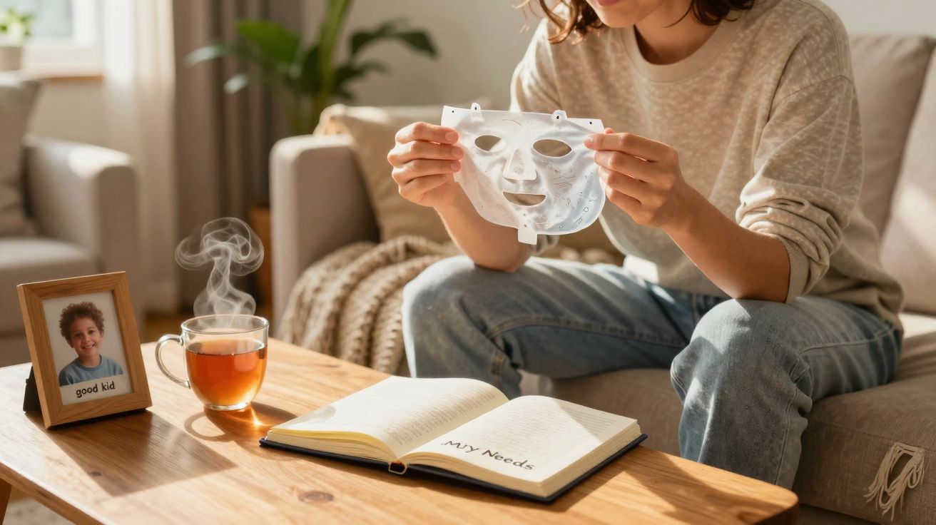 Pessoa sentada a segurar uma máscara facial, com chá fumegante, um livro aberto e uma foto numa sala acolhedora.