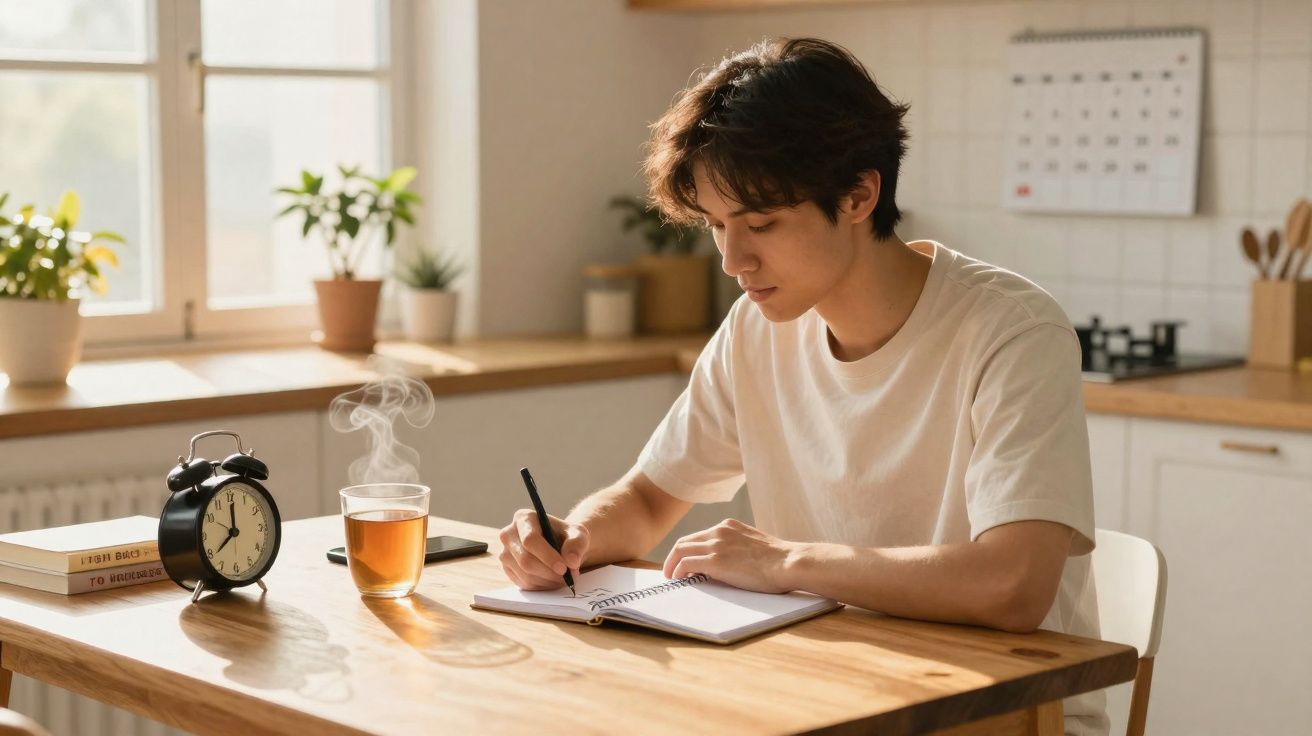 Jovem sentado numa cozinha iluminada a escrever num caderno, com chá quente e relógio na mesa de madeira.