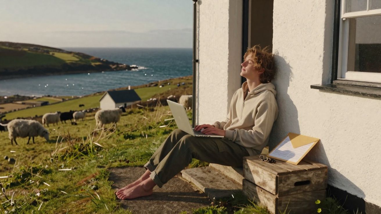 Pessoa sentada no chão junto a casa branca, com portátil, a apreciar paisagem verde e mar ao fundo.