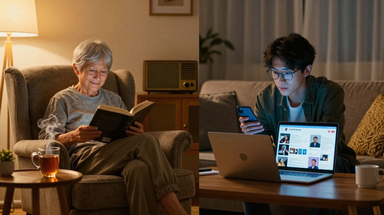 Pessoa idosa a ler um livro num sofá com chá quente e jovem a usar computador e telemóvel junto ao sofá.