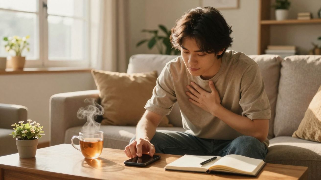 Jovem sentado no sofá com a mão no peito, a olhar para o telemóvel, numa sala iluminada e aconchegante.