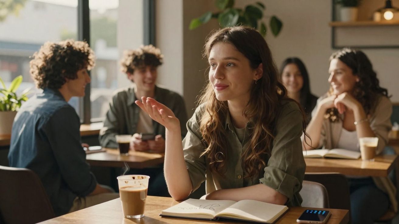 Jovem sentada numa mesa de café com caderno aberto e bebida, rodeada de amigos ao fundo.