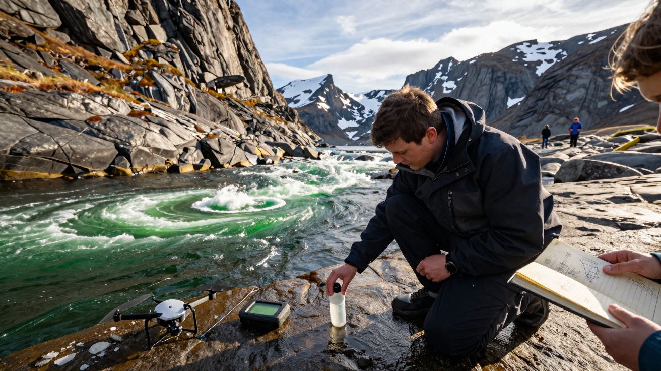 Homem recolhe amostra de água em rio com redemoinho, rodeado de montanhas rochosas e neve no fundo.
