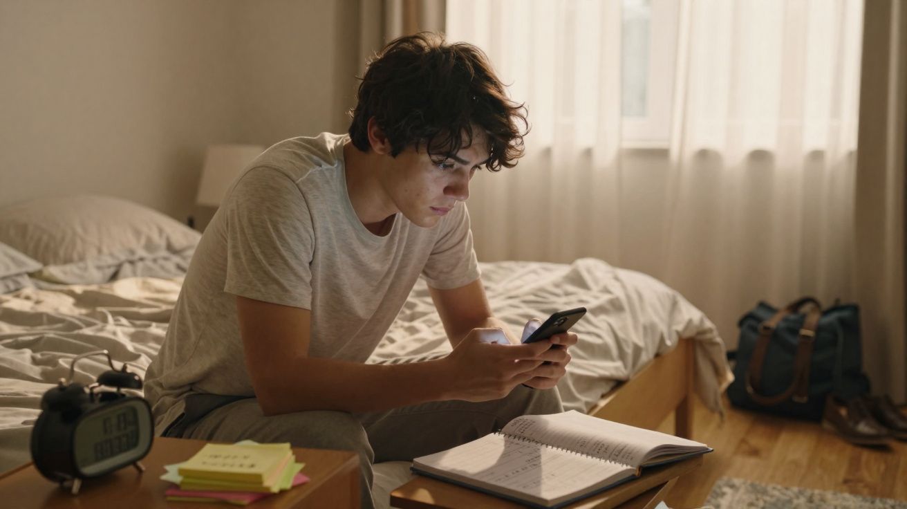 Jovem sentado na cama a estudar, a olhar para o telemóvel, com cadernos e notas na mesa ao lado.