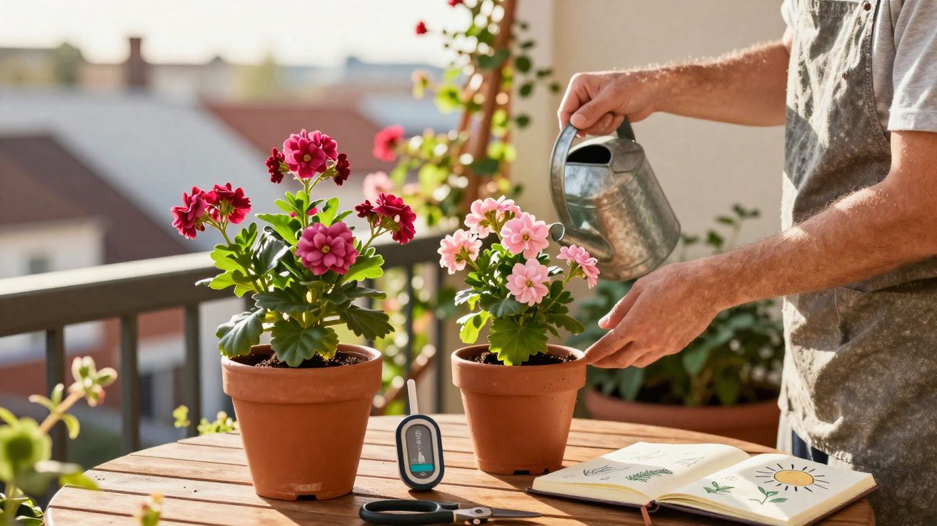 Pessoa a regar flores cor-de-rosa e vermelhas em vasos num varão com tesoura e diário de jardinagem na mesa.