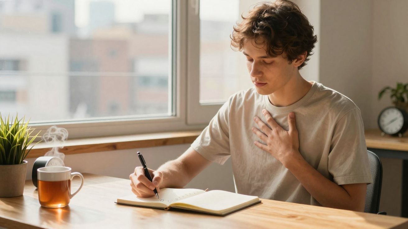 Jovem sentado à mesa escrevendo num caderno, com chá quente a fumegar ao lado, numa sala iluminada.