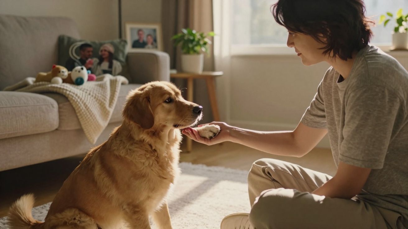Pessoa sentada no chão a segurar a pata de um cão dourado num ambiente doméstico acolhedor.
