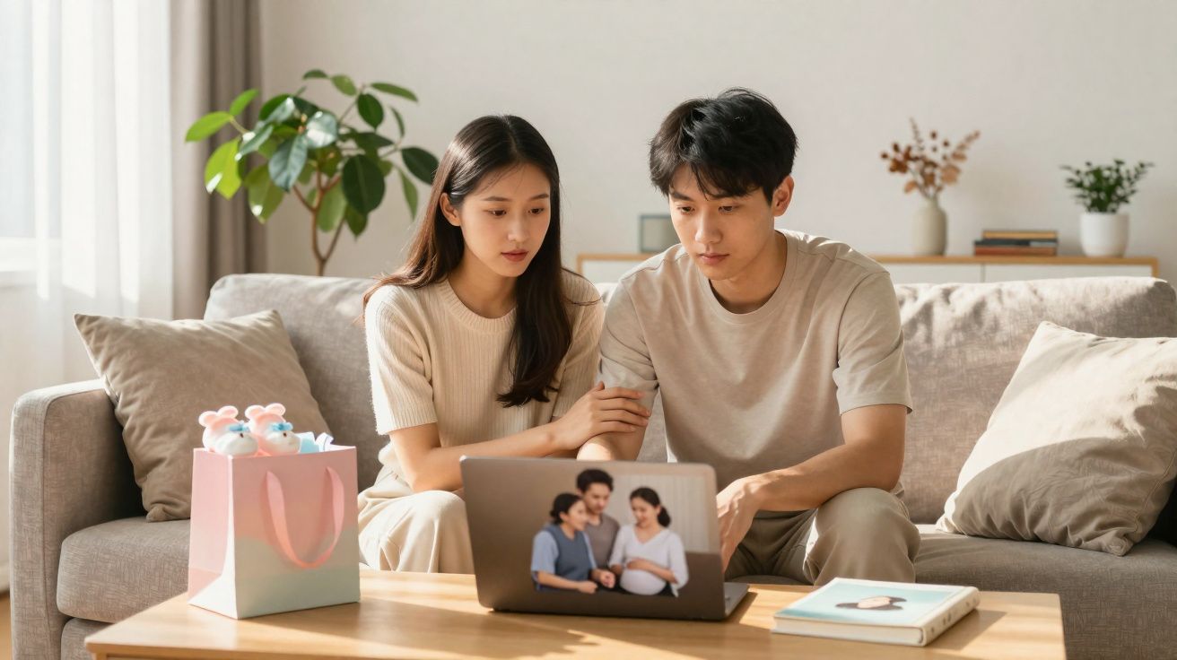 Casal jovem sentado no sofá a olhar para um portátil com uma foto de família na tela.