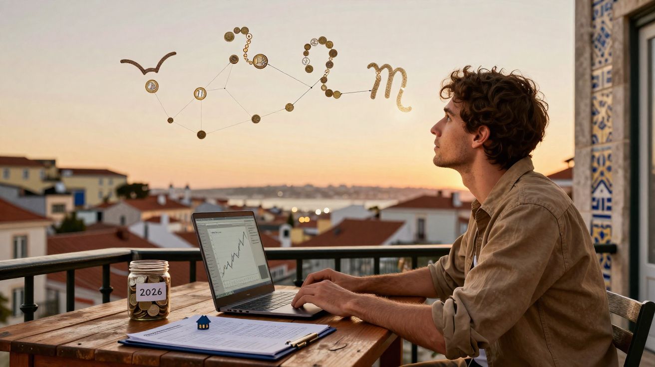 Homem num terraço ao pôr do sol a trabalhar num portátil com jarro de moedas e gráficos financeiros.