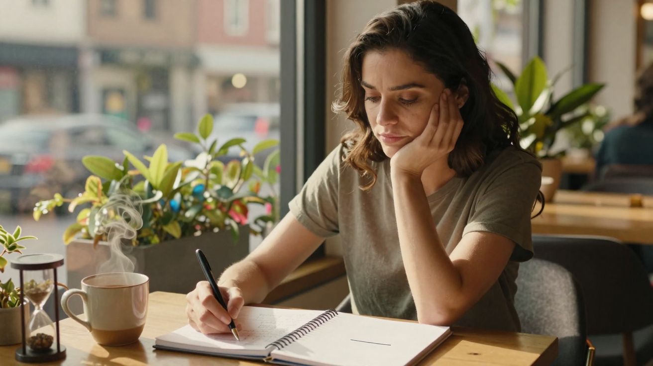 Mulher concentrada a escrever num caderno, sentada numa mesa junto à janela com plantas e chá quente.