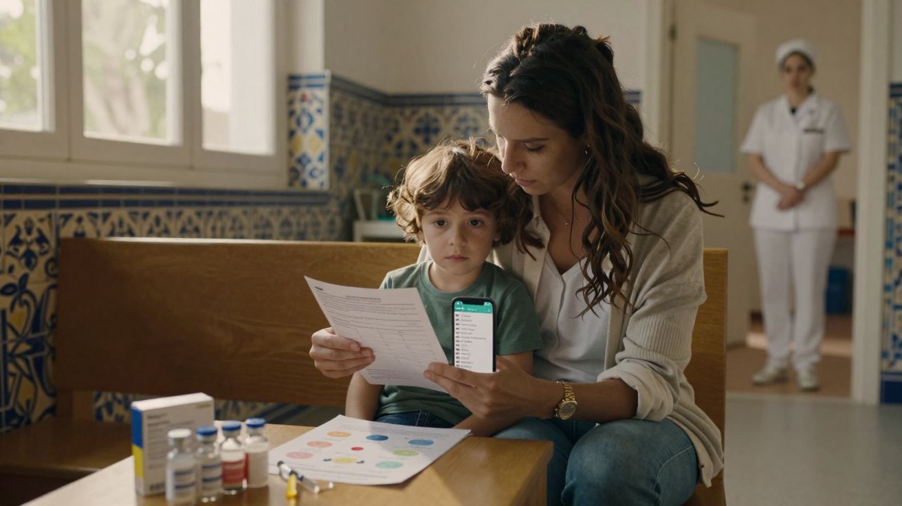 Mulher e criança sentados numa sala de espera médica, com enfermeira ao fundo.