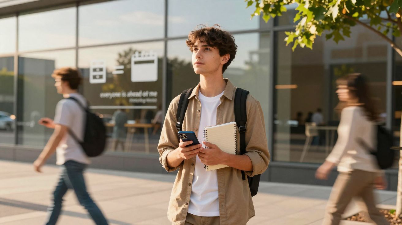 Jovem com mochila segura caderno e telemóvel numa rua urbana, com pessoas a atravessar em movimento.