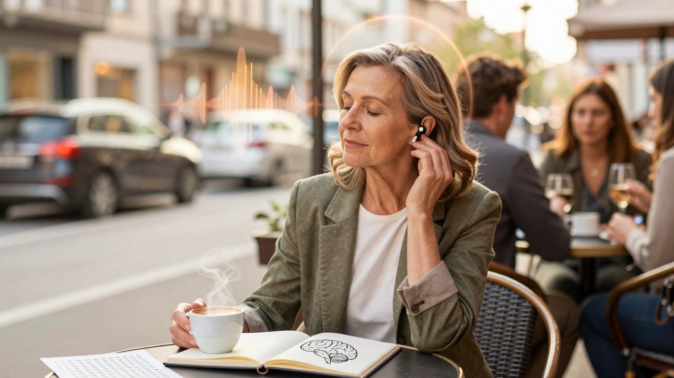 Mulher madura sentada numa esplanada a ouvir música com auscultadores e beber café, livros abertos à sua frente.